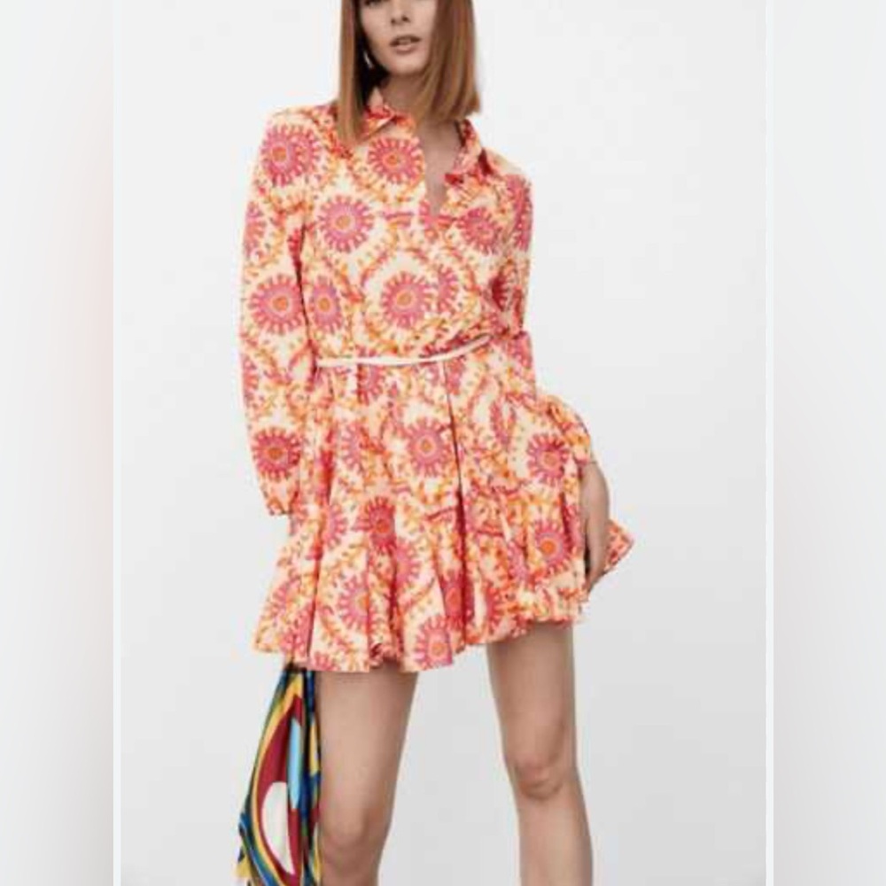 Zara - Bright Fun Print Button Down Boho Long Sleeve Mini Dress Size Large